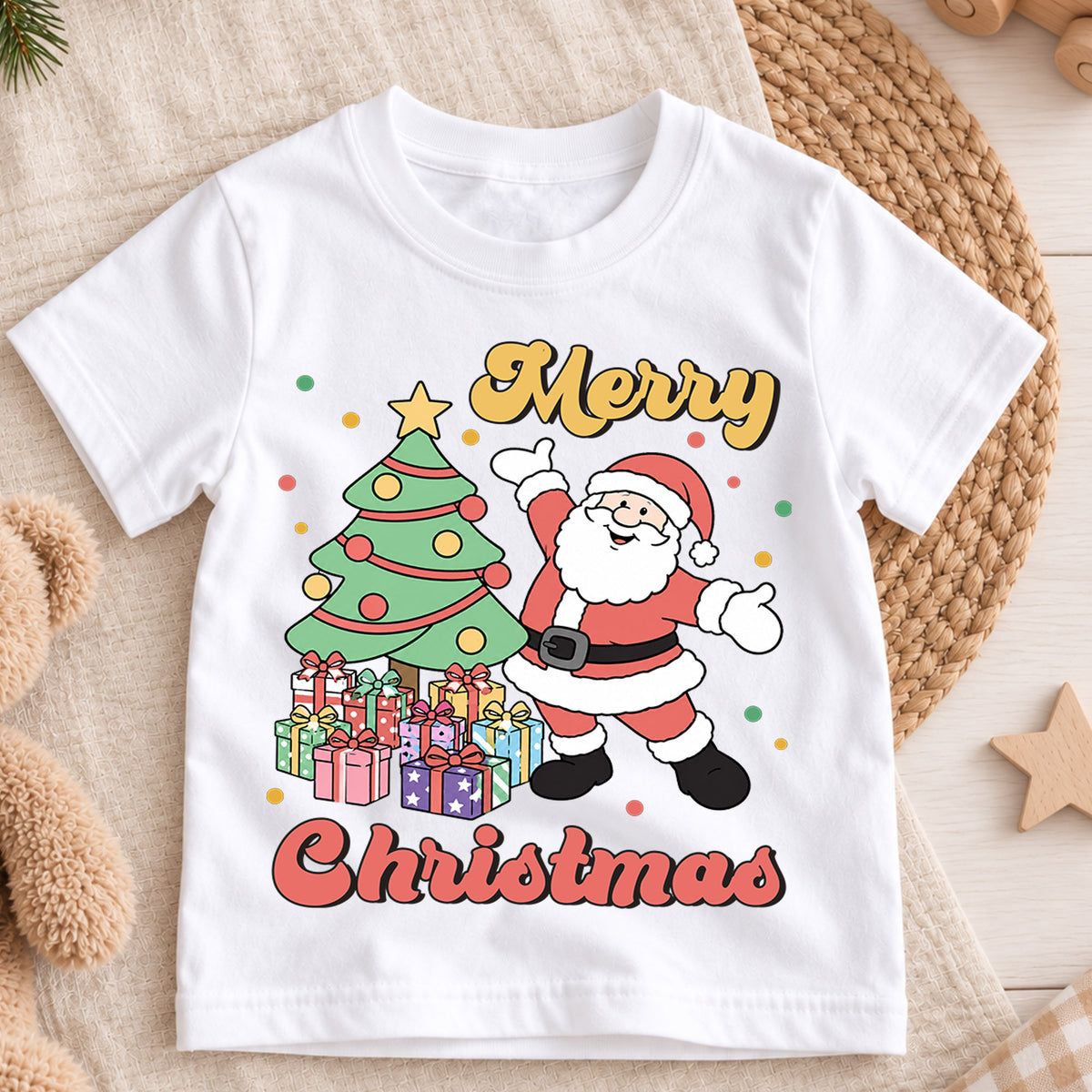 Merry Christmas Santa Kids Shirt, Christmas Tree and Presents Holiday Tee, Retro Santa Xmas T Shirt, Festive Gift for Kids — product view 3