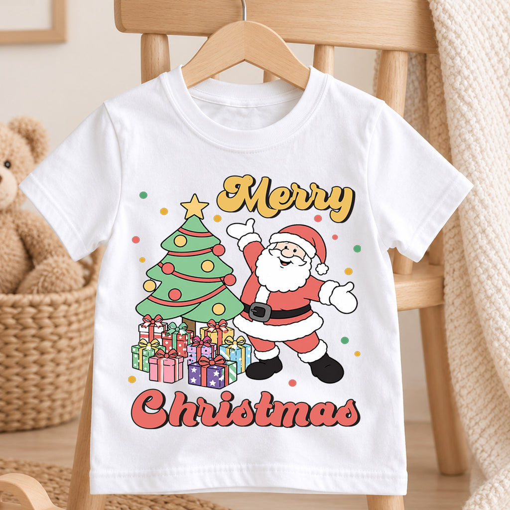 Merry Christmas Santa Kids Shirt, Christmas Tree and Presents Holiday Tee, Retro Santa Xmas T Shirt, Festive Gift for Kids — product view 4