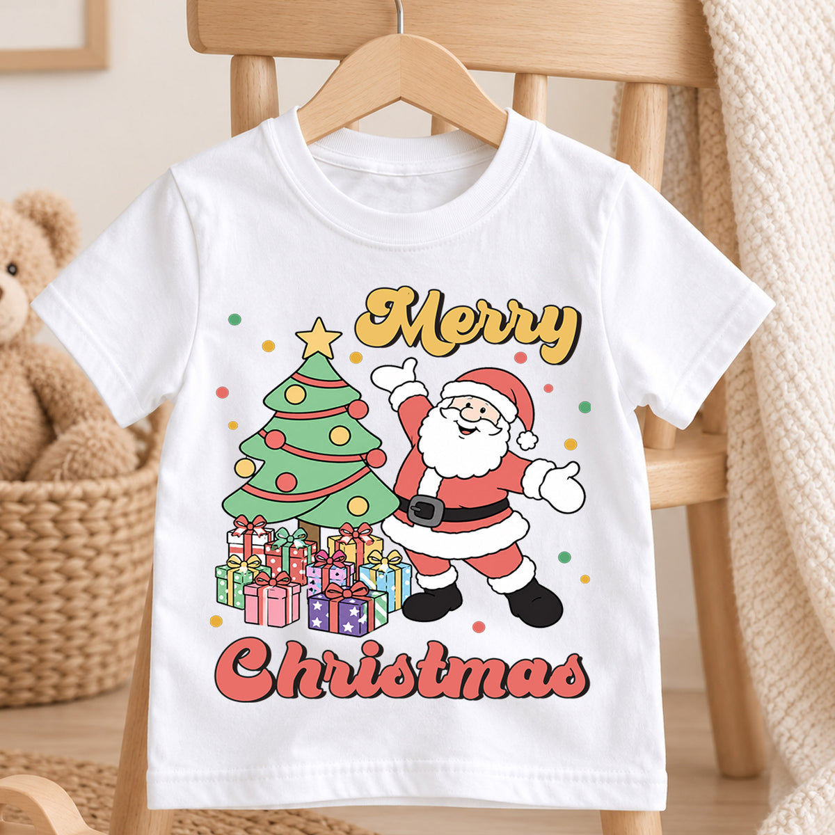 Merry Christmas Santa Kids Shirt, Christmas Tree and Presents Holiday Tee, Retro Santa Xmas T Shirt, Festive Gift for Kids — product view 4