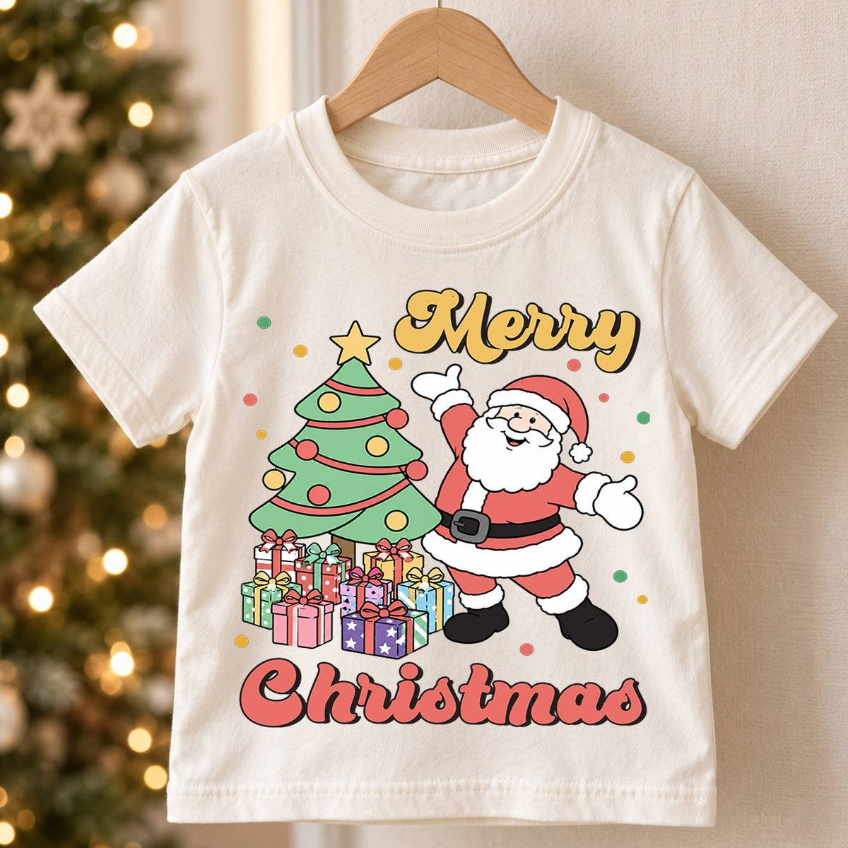 Merry Christmas Santa Kids Shirt, Christmas Tree and Presents Holiday Tee, Retro Santa Xmas T Shirt, Festive Gift for Kids — product view 5