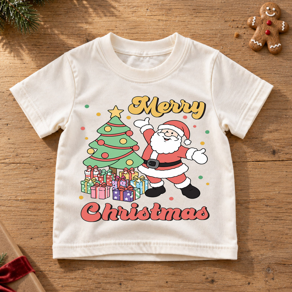 Merry Christmas Santa Kids Shirt, Christmas Tree and Presents Holiday Tee, Retro Santa Xmas T Shirt, Festive Gift for Kids — product view 6
