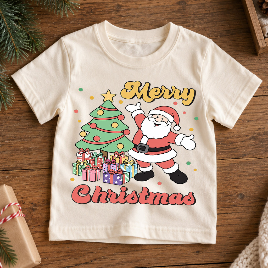 Merry Christmas Santa Kids Shirt, Christmas Tree and Presents Holiday Tee, Retro Santa Xmas T Shirt, Festive Gift for Kids — product view 7