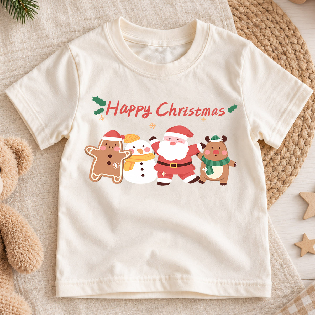 Happy Christmas Kids Shirt, Santa Snowman Reindeer Gingerbread Tee, Cute Holiday Character T Shirt, Festive Xmas Gift for Kids — product view 1