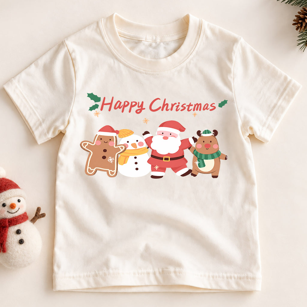 Happy Christmas Kids Shirt, Santa Snowman Reindeer Gingerbread Tee, Cute Holiday Character T Shirt, Festive Xmas Gift for Kids — product view 2