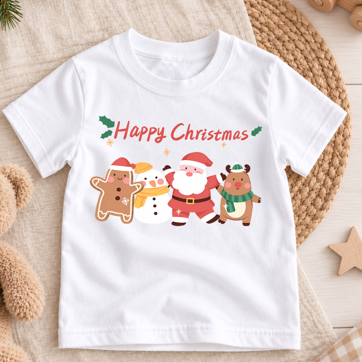 Happy Christmas Kids Shirt, Santa Snowman Reindeer Gingerbread Tee, Cute Holiday Character T Shirt, Festive Xmas Gift for Kids — product view 3