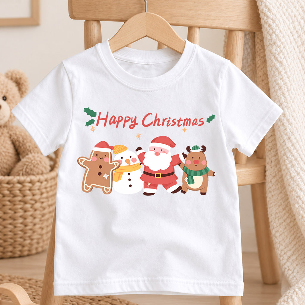 Happy Christmas Kids Shirt, Santa Snowman Reindeer Gingerbread Tee, Cute Holiday Character T Shirt, Festive Xmas Gift for Kids — product view 4