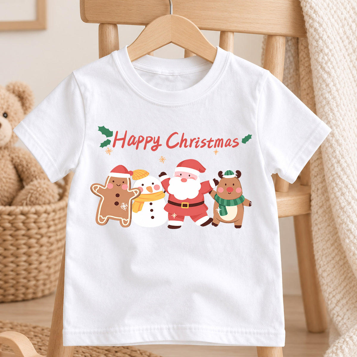 Happy Christmas Kids Shirt, Santa Snowman Reindeer Gingerbread Tee, Cute Holiday Character T Shirt, Festive Xmas Gift for Kids — product view 4