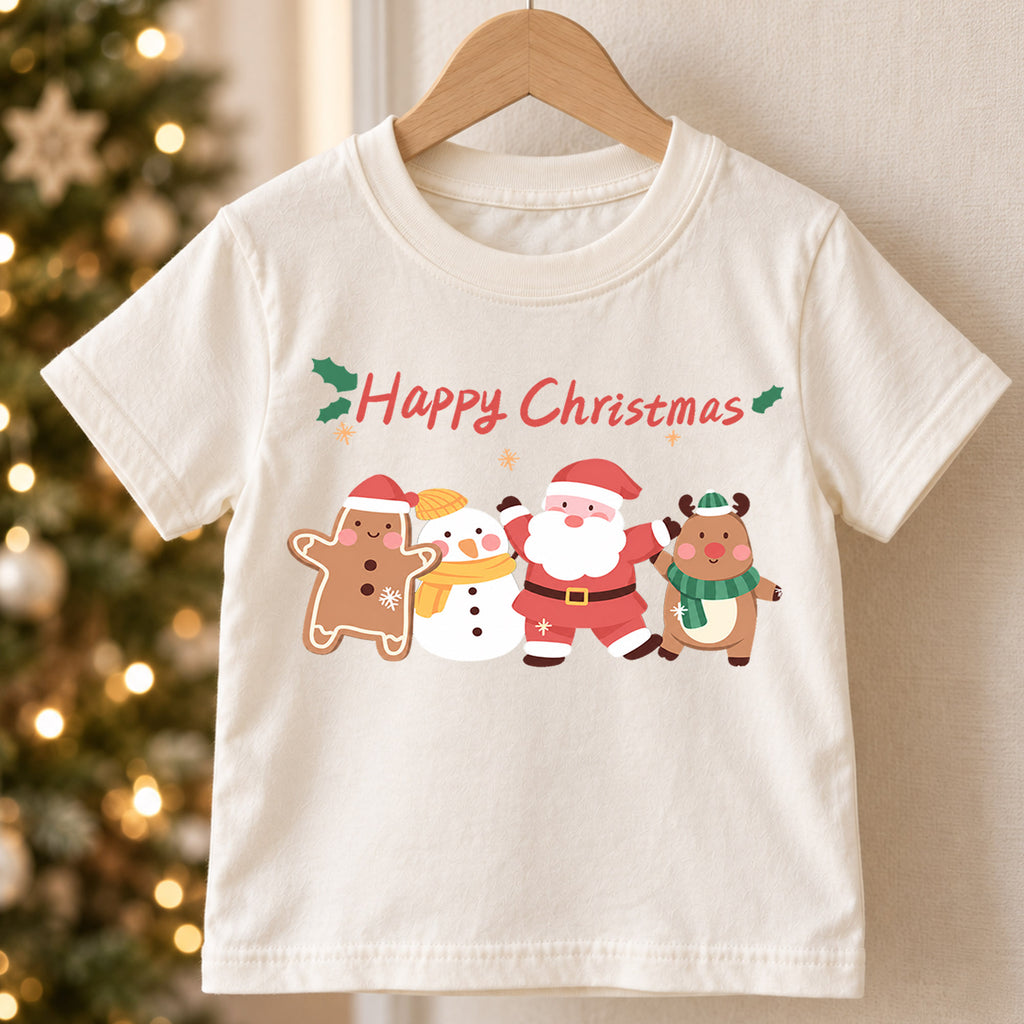 Happy Christmas Kids Shirt, Santa Snowman Reindeer Gingerbread Tee, Cute Holiday Character T Shirt, Festive Xmas Gift for Kids — product view 5