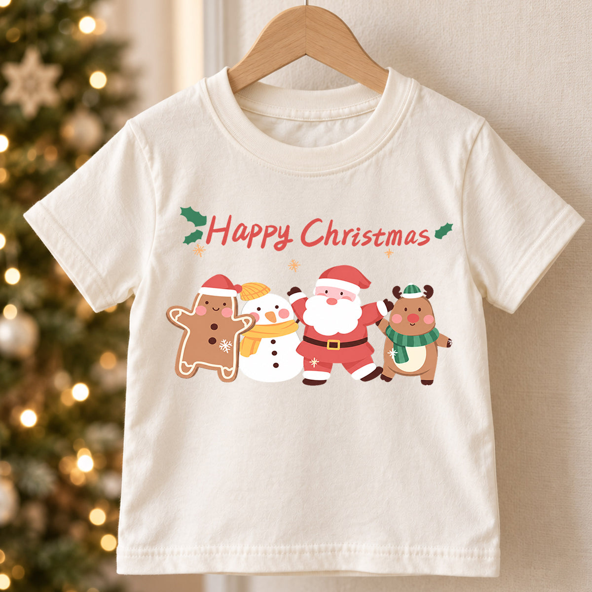 Happy Christmas Kids Shirt, Santa Snowman Reindeer Gingerbread Tee, Cute Holiday Character T Shirt, Festive Xmas Gift for Kids — product view 5