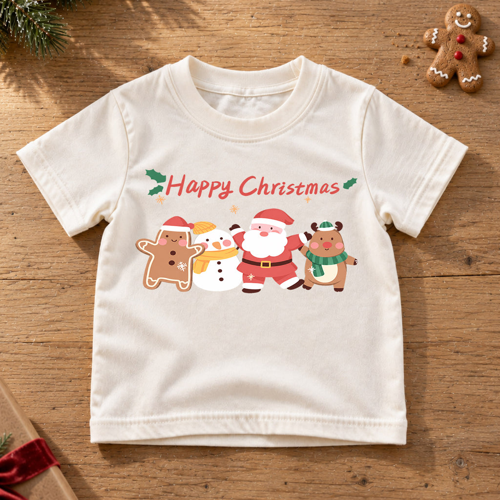 Happy Christmas Kids Shirt, Santa Snowman Reindeer Gingerbread Tee, Cute Holiday Character T Shirt, Festive Xmas Gift for Kids — product view 6