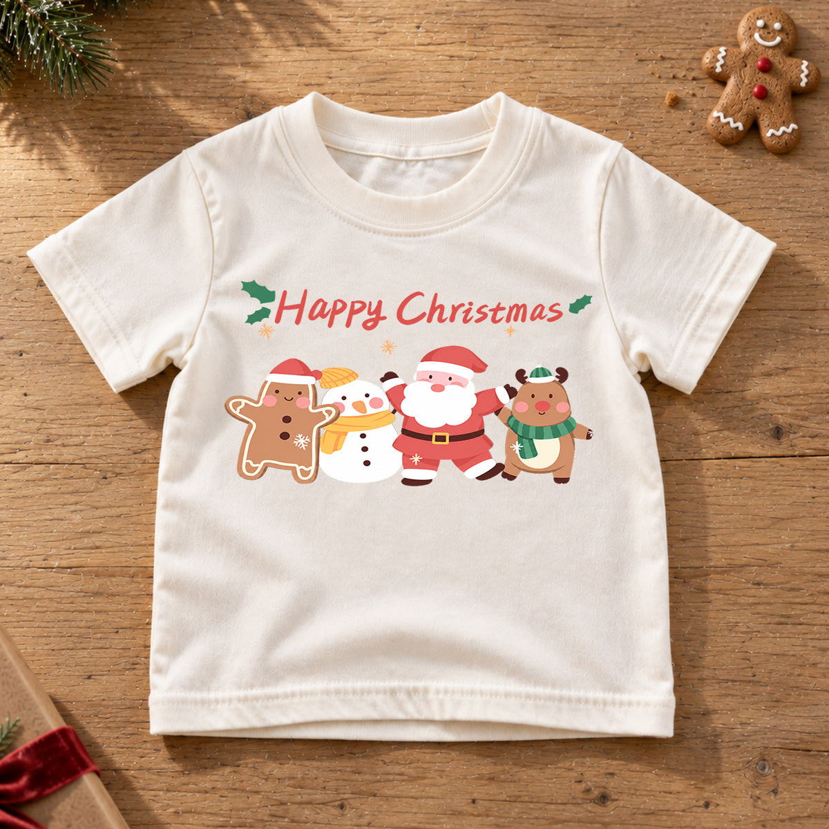 Happy Christmas Kids Shirt, Santa Snowman Reindeer Gingerbread Tee, Cute Holiday Character T Shirt, Festive Xmas Gift for Kids — product view 6