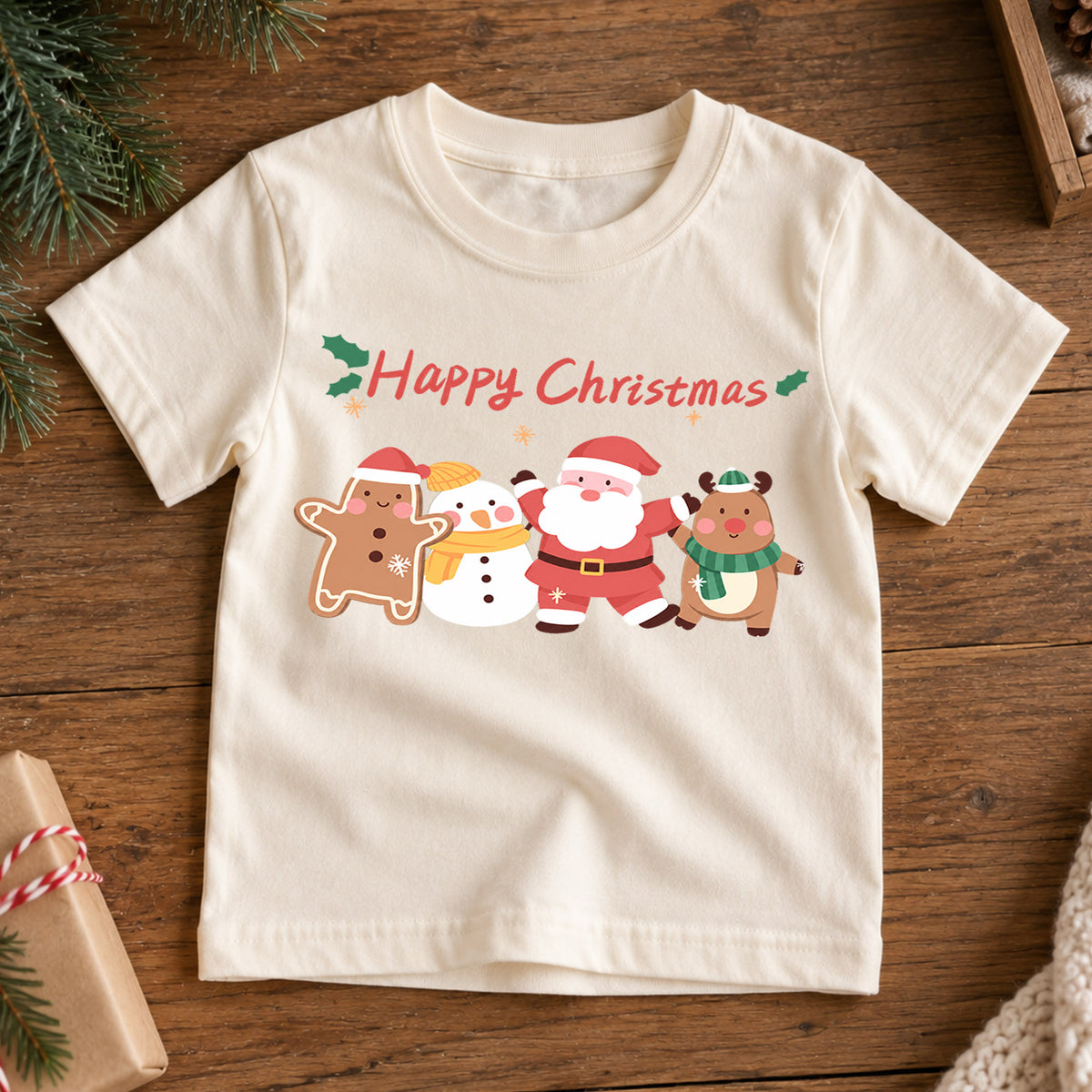 Happy Christmas Kids Shirt, Santa Snowman Reindeer Gingerbread Tee, Cute Holiday Character T Shirt, Festive Xmas Gift for Kids — product view 7