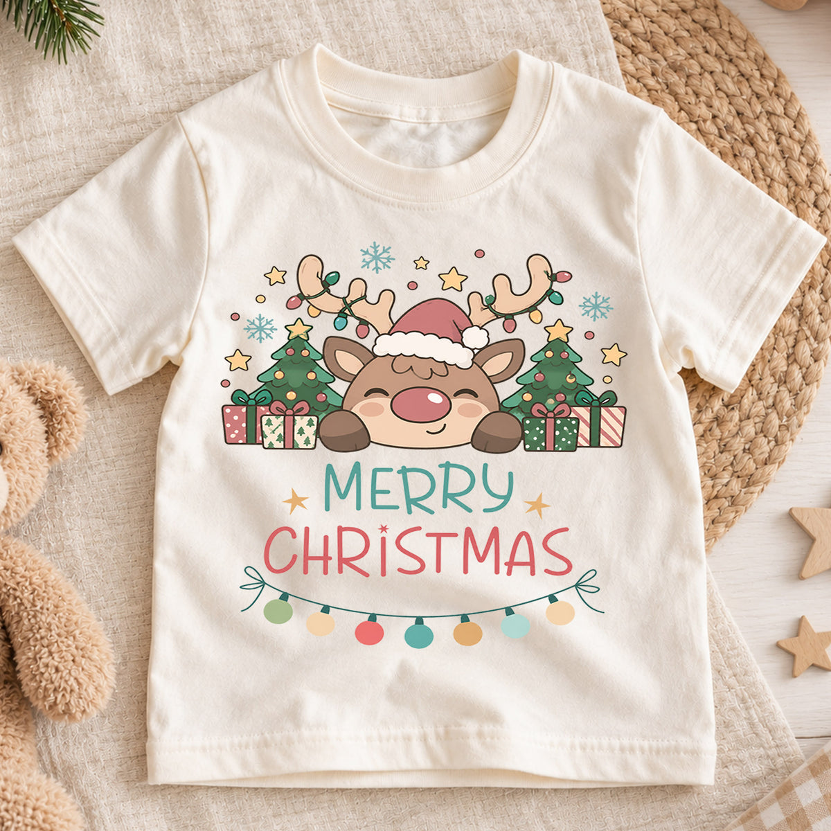 Merry Christmas Reindeer Kids Shirt, Cute Rudolph Holiday T Shirt, Christmas Tree and Presents Tee, Festive Xmas Gift for Kids — product view 1