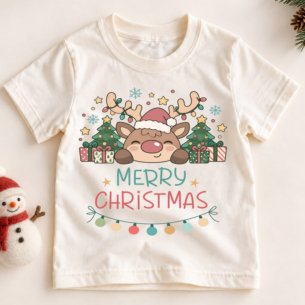 Merry Christmas Reindeer Kids Shirt, Cute Rudolph Holiday T Shirt, Christmas Tree and Presents Tee, Festive Xmas Gift for Kids — product view 2