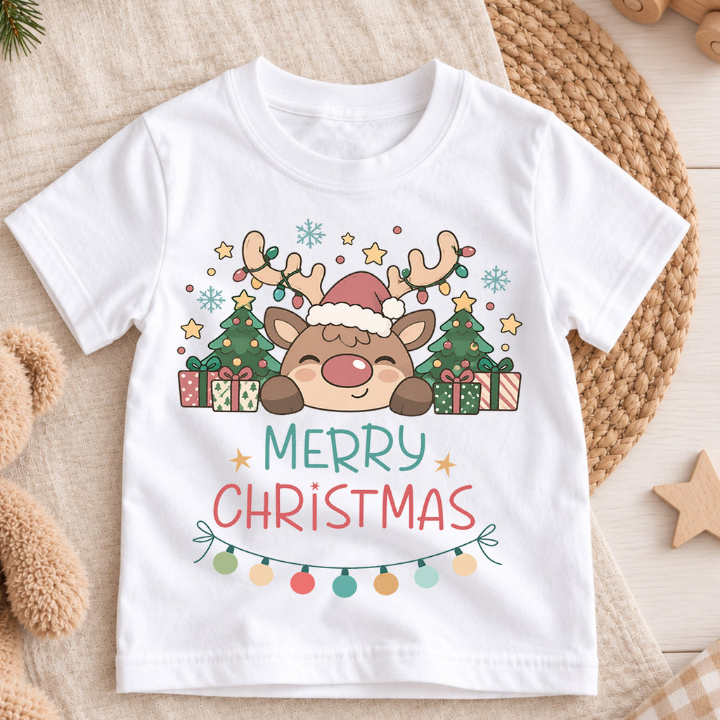 Merry Christmas Reindeer Kids Shirt, Cute Rudolph Holiday T Shirt, Christmas Tree and Presents Tee, Festive Xmas Gift for Kids — product view 3