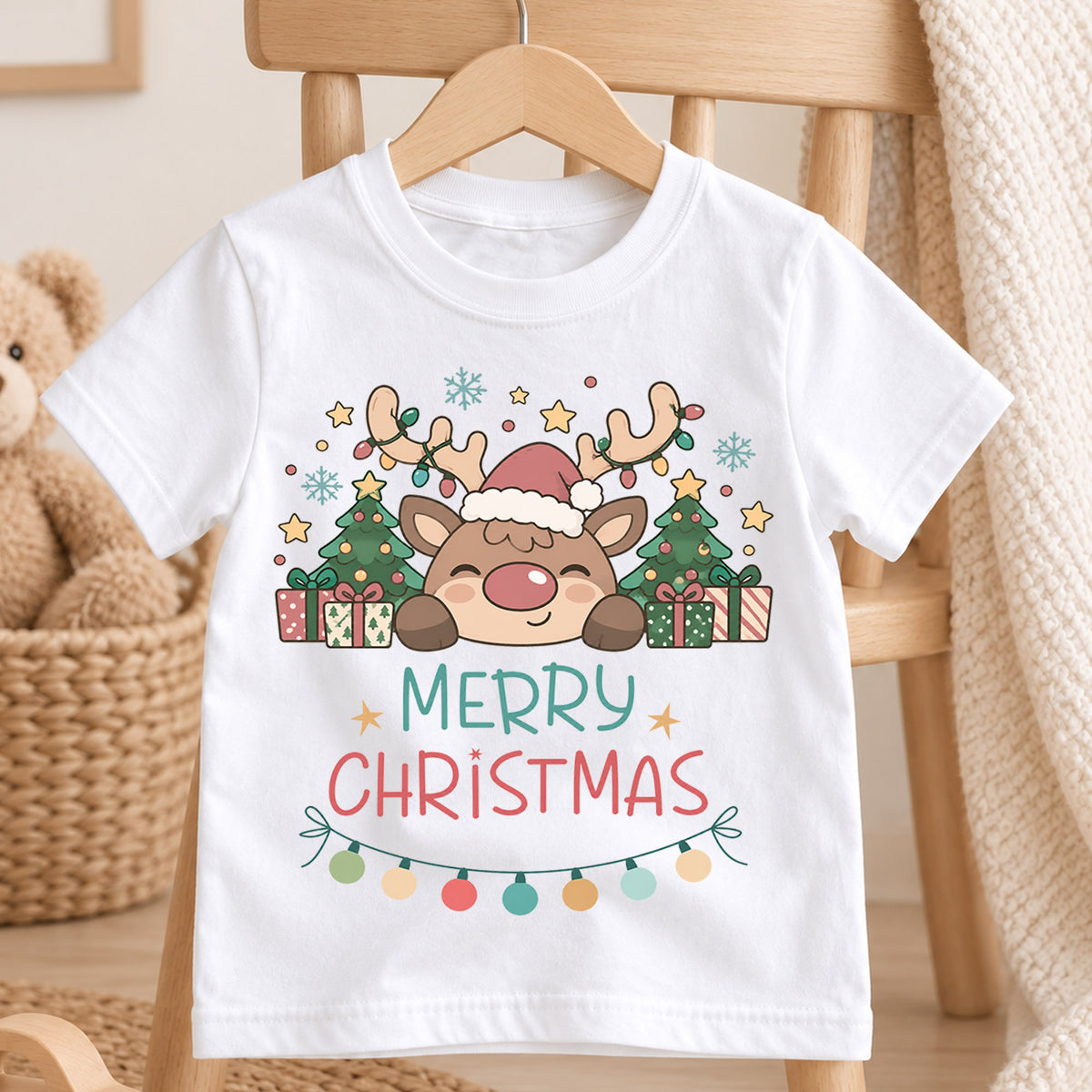 Merry Christmas Reindeer Kids Shirt, Cute Rudolph Holiday T Shirt, Christmas Tree and Presents Tee, Festive Xmas Gift for Kids — product view 4