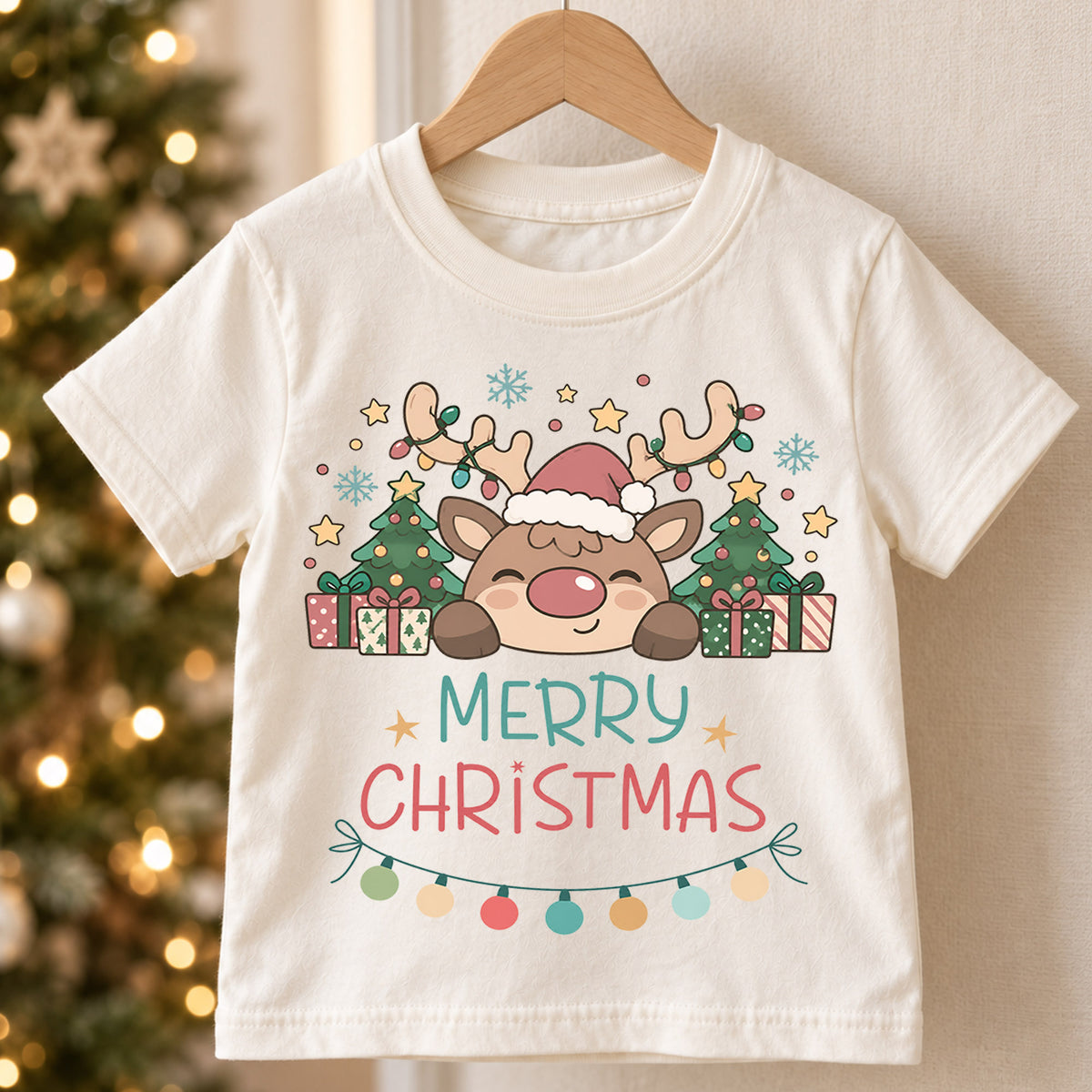 Merry Christmas Reindeer Kids Shirt, Cute Rudolph Holiday T Shirt, Christmas Tree and Presents Tee, Festive Xmas Gift for Kids — product view 5