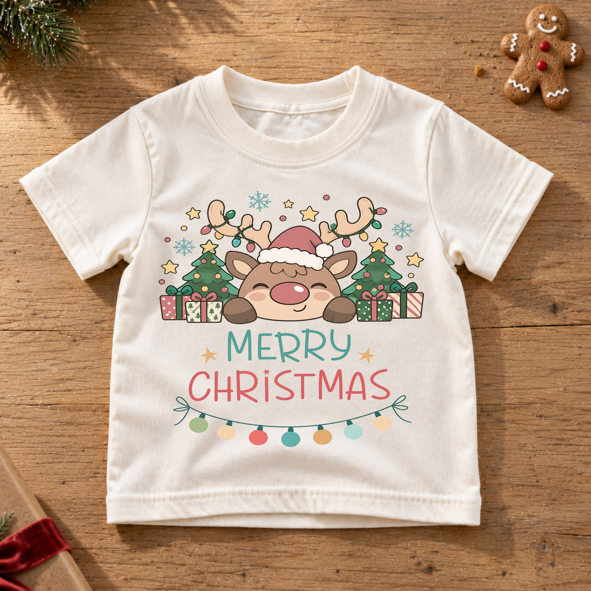 Merry Christmas Reindeer Kids Shirt, Cute Rudolph Holiday T Shirt, Christmas Tree and Presents Tee, Festive Xmas Gift for Kids — product view 6