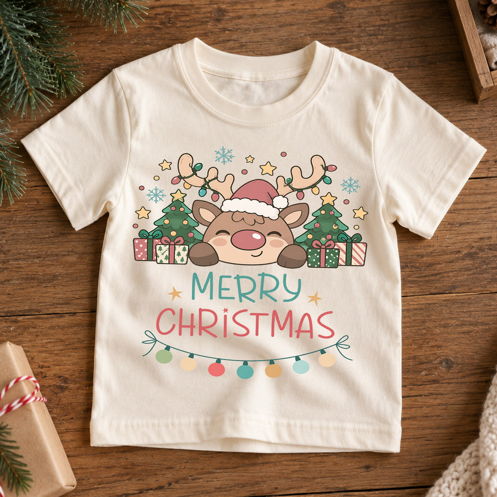 Merry Christmas Reindeer Kids Shirt, Cute Rudolph Holiday T Shirt, Christmas Tree and Presents Tee, Festive Xmas Gift for Kids — product view 7