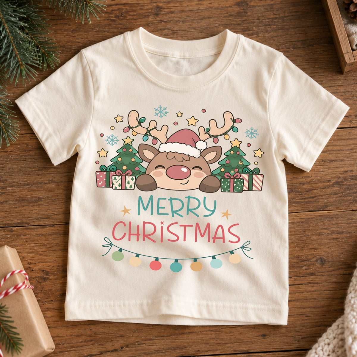 Merry Christmas Reindeer Kids Shirt, Cute Rudolph Holiday T Shirt, Christmas Tree and Presents Tee, Festive Xmas Gift for Kids — product view 7