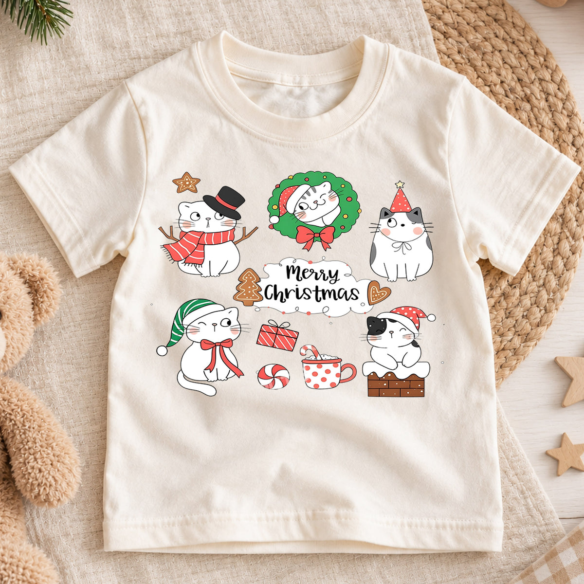 Christmas Cats Kids Shirt, Cute Holiday Kitty T Shirt, Santa Hat Cat Christmas Tee, Festive Xmas Gift for Cat Lovers — product view 1