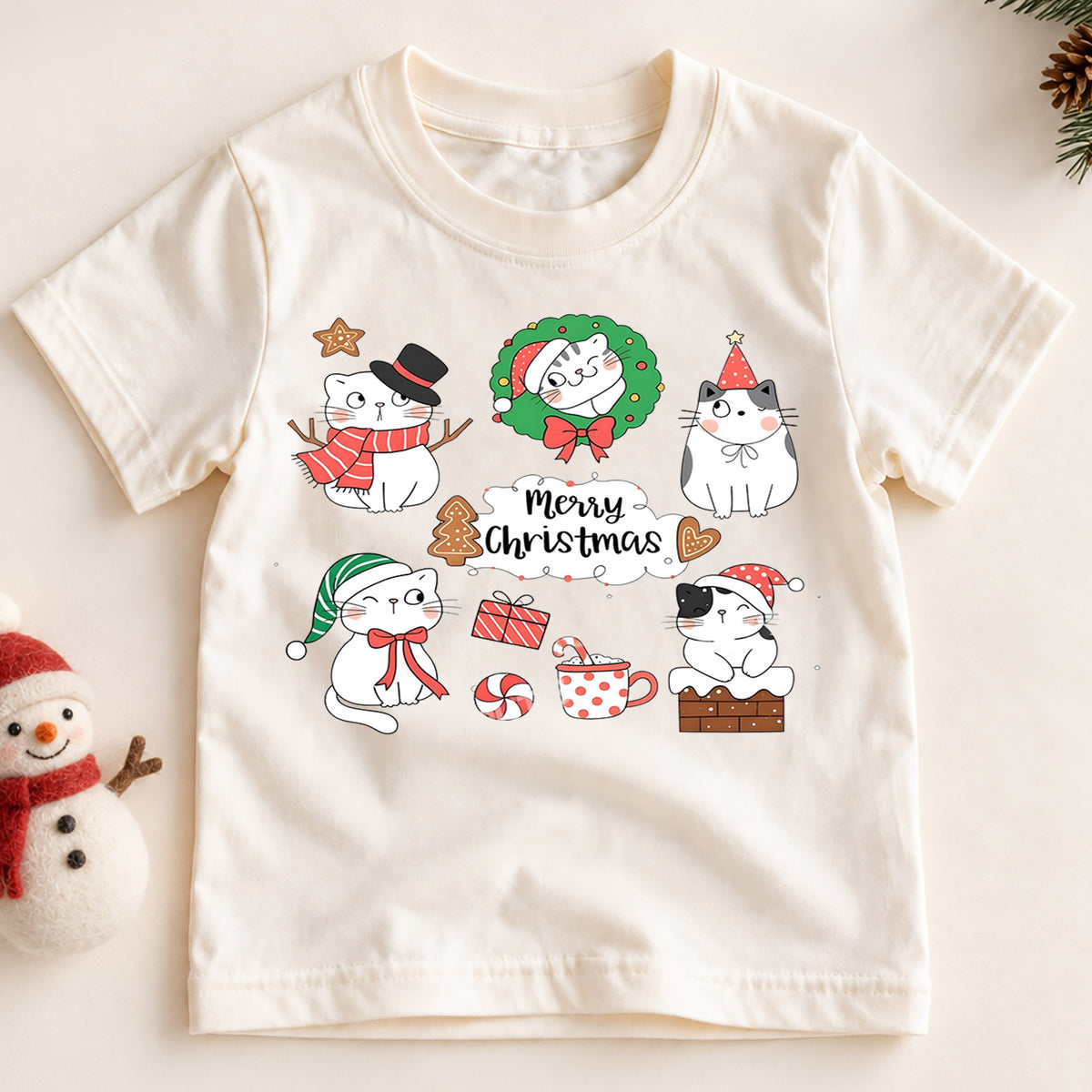 Christmas Cats Kids Shirt, Cute Holiday Kitty T Shirt, Santa Hat Cat Christmas Tee, Festive Xmas Gift for Cat Lovers — product view 2
