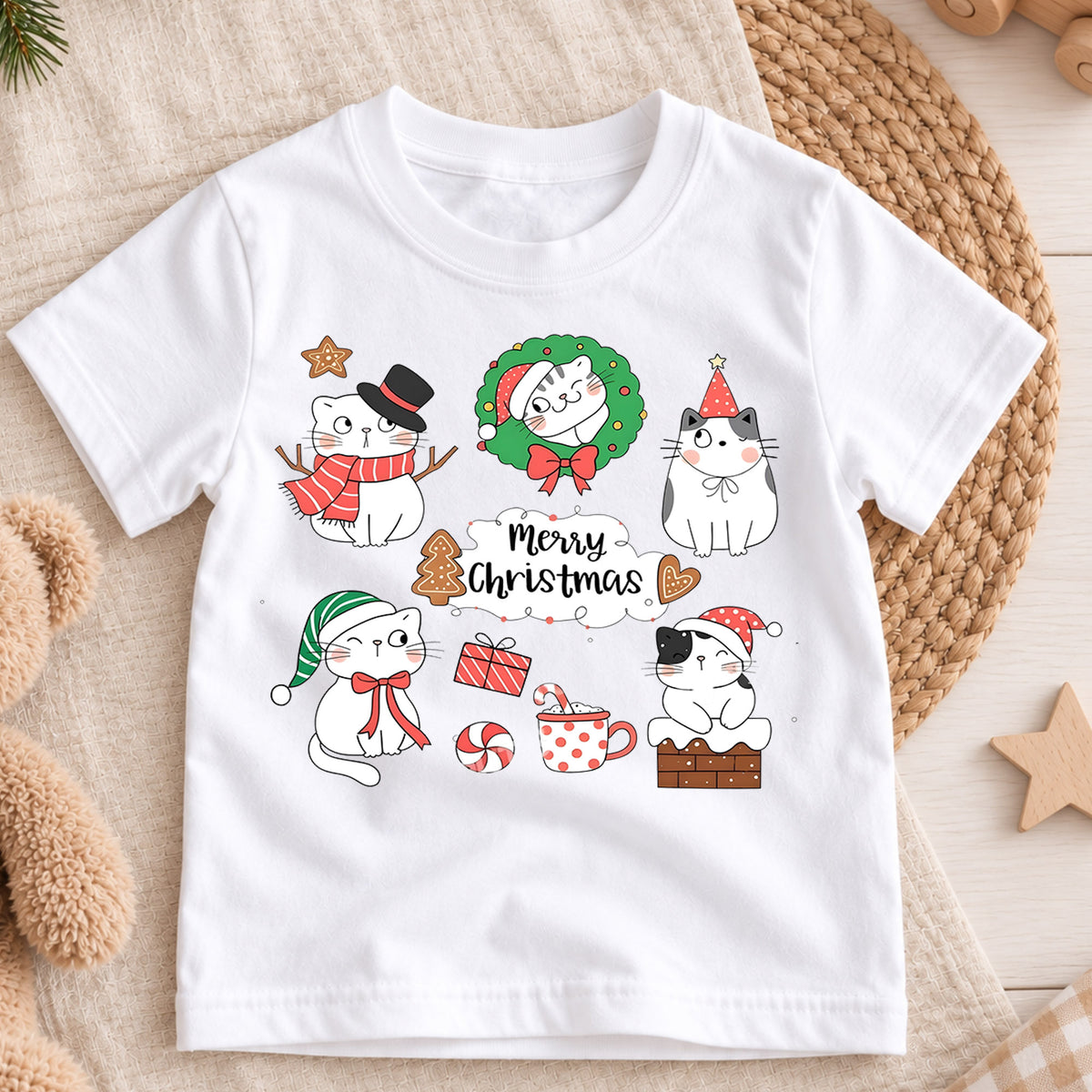 Christmas Cats Kids Shirt, Cute Holiday Kitty T Shirt, Santa Hat Cat Christmas Tee, Festive Xmas Gift for Cat Lovers — product view 3