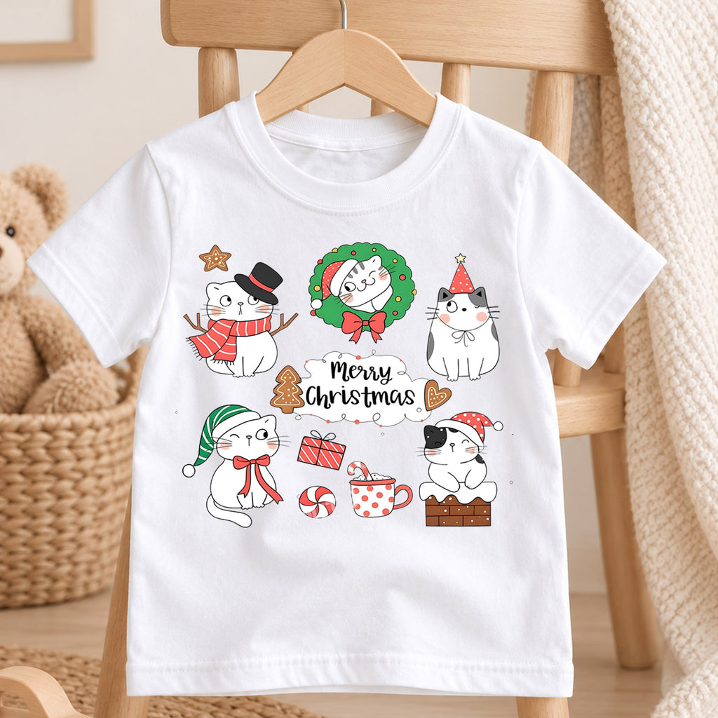 Christmas Cats Kids Shirt, Cute Holiday Kitty T Shirt, Santa Hat Cat Christmas Tee, Festive Xmas Gift for Cat Lovers — product view 4