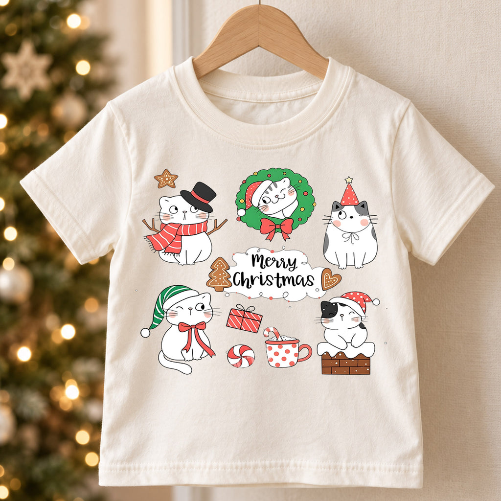 Christmas Cats Kids Shirt, Cute Holiday Kitty T Shirt, Santa Hat Cat Christmas Tee, Festive Xmas Gift for Cat Lovers — product view 5