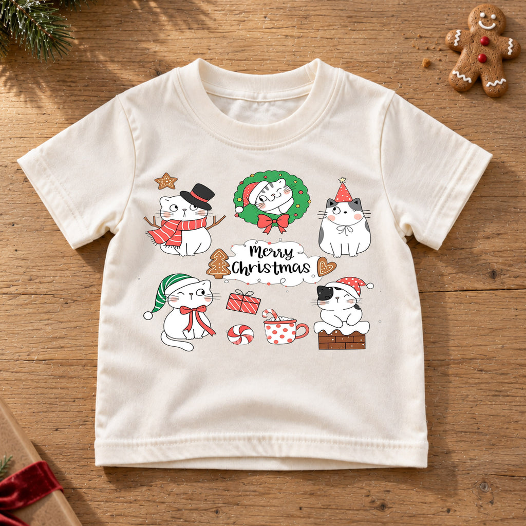 Christmas Cats Kids Shirt, Cute Holiday Kitty T Shirt, Santa Hat Cat Christmas Tee, Festive Xmas Gift for Cat Lovers — product view 6