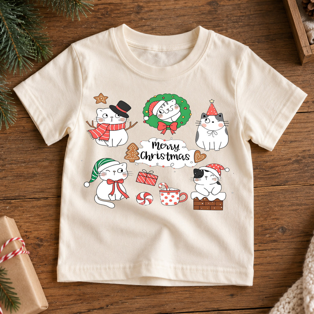 Christmas Cats Kids Shirt, Cute Holiday Kitty T Shirt, Santa Hat Cat Christmas Tee, Festive Xmas Gift for Cat Lovers — product view 7