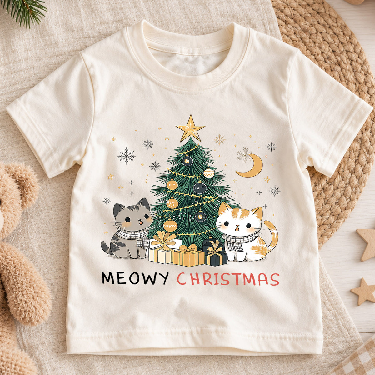 Meowy Christmas Kids Shirt, Cute Cats Christmas Tree Holiday Tee, Cat Lover Xmas T Shirt, Festive Christmas Gift for Kids — product view 1