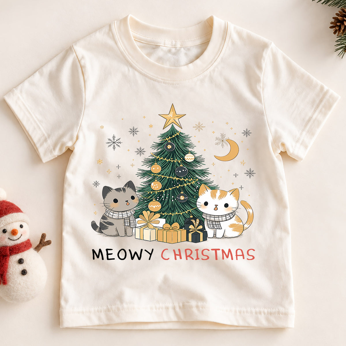 Meowy Christmas Kids Shirt, Cute Cats Christmas Tree Holiday Tee, Cat Lover Xmas T Shirt, Festive Christmas Gift for Kids — product view 2