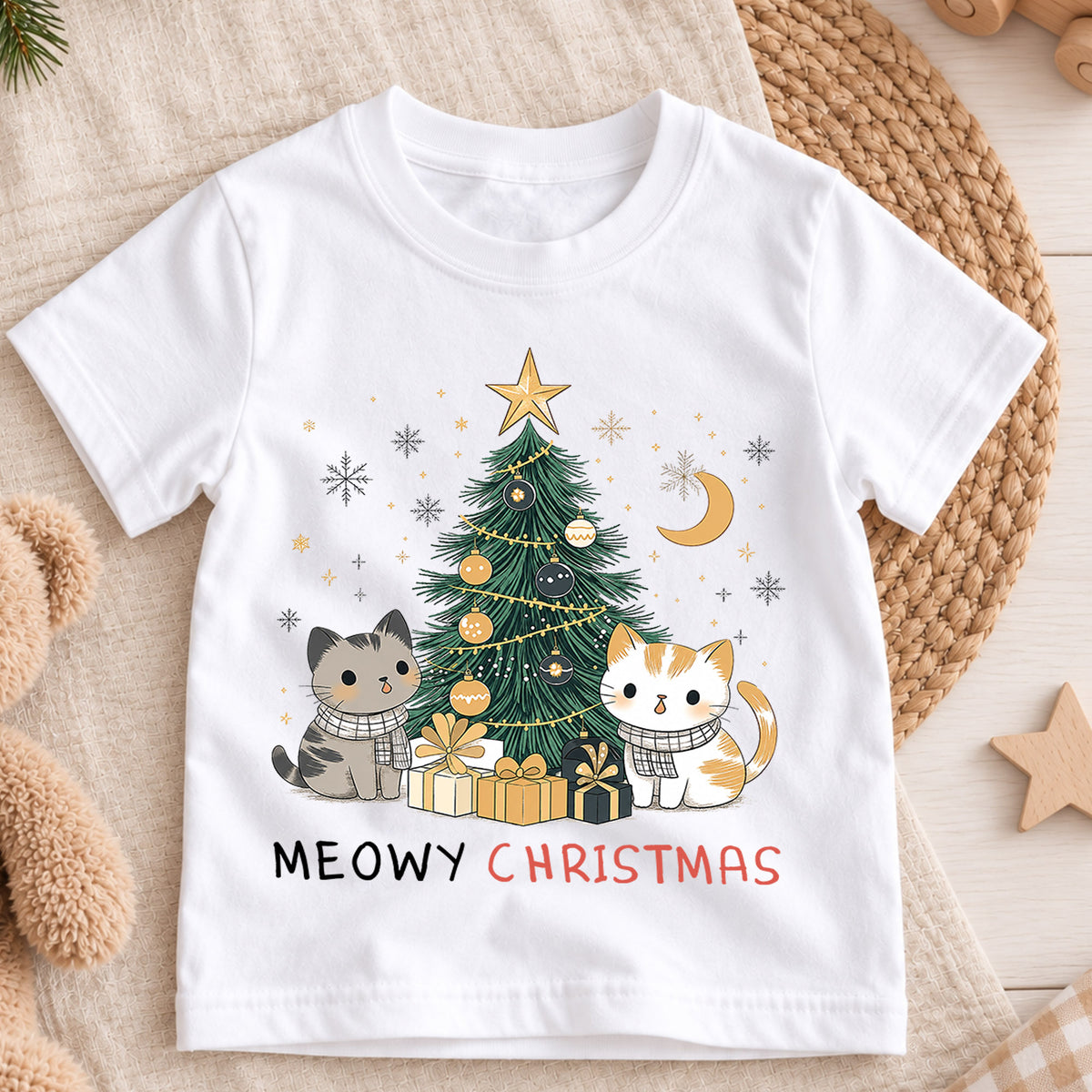 Meowy Christmas Kids Shirt, Cute Cats Christmas Tree Holiday Tee, Cat Lover Xmas T Shirt, Festive Christmas Gift for Kids — product view 3
