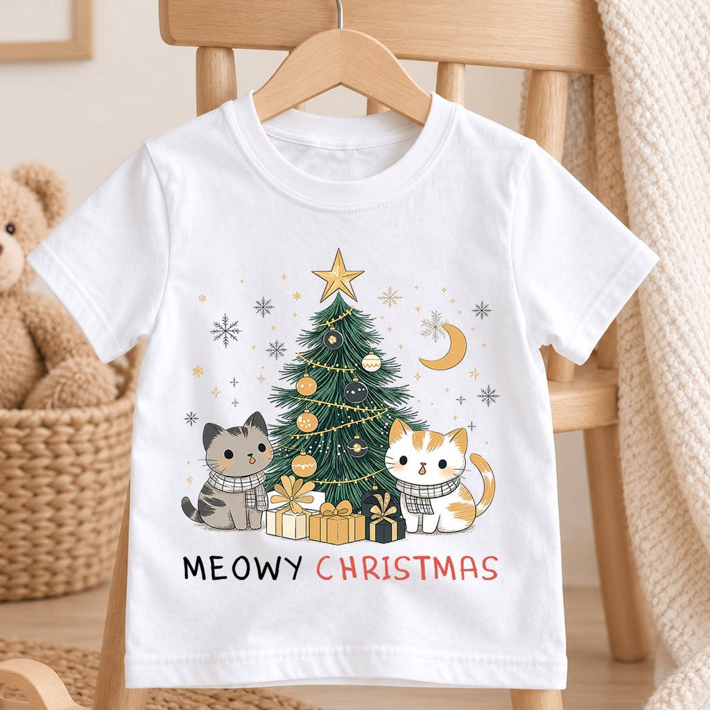 Meowy Christmas Kids Shirt, Cute Cats Christmas Tree Holiday Tee, Cat Lover Xmas T Shirt, Festive Christmas Gift for Kids — product view 4