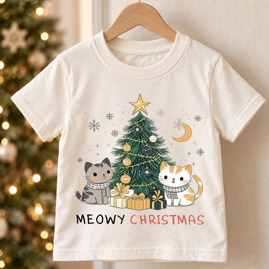 Meowy Christmas Kids Shirt, Cute Cats Christmas Tree Holiday Tee, Cat Lover Xmas T Shirt, Festive Christmas Gift for Kids — product view 5