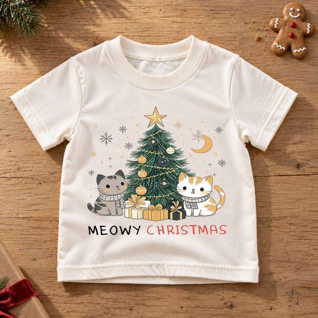 Meowy Christmas Kids Shirt, Cute Cats Christmas Tree Holiday Tee, Cat Lover Xmas T Shirt, Festive Christmas Gift for Kids — product view 6