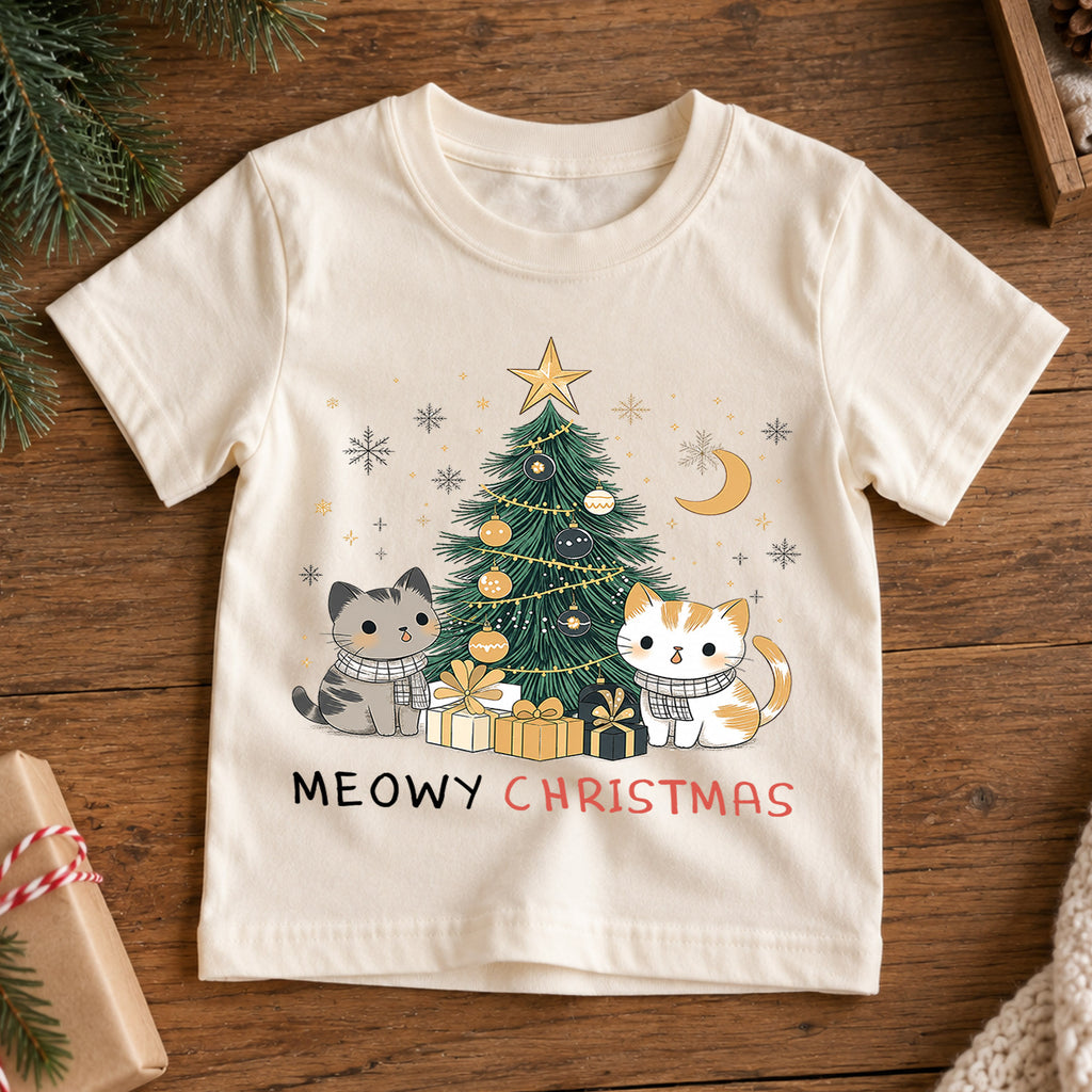 Meowy Christmas Kids Shirt, Cute Cats Christmas Tree Holiday Tee, Cat Lover Xmas T Shirt, Festive Christmas Gift for Kids — product view 7