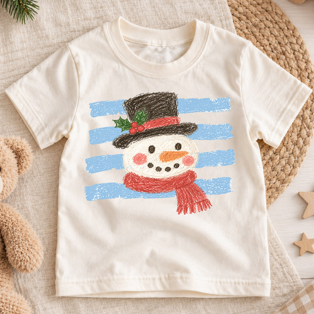 Snowman Kids Christmas Shirt, Crayon Snowman Holiday T Shirt, Cute Winter Drawing Tee, Festive Xmas Gift for Children — product view 1