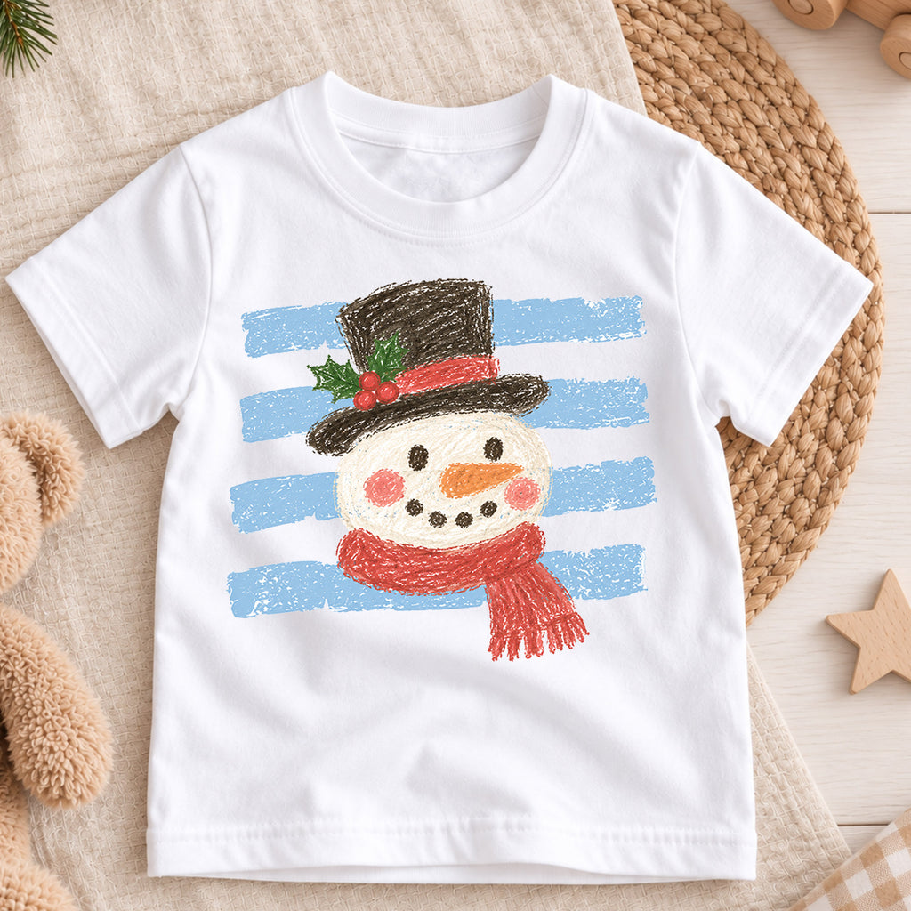 Snowman Kids Christmas Shirt, Crayon Snowman Holiday T Shirt, Cute Winter Drawing Tee, Festive Xmas Gift for Children — product view 3