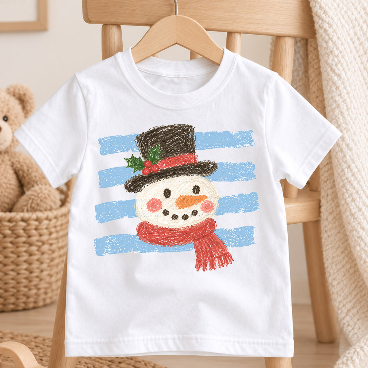Snowman Kids Christmas Shirt, Crayon Snowman Holiday T Shirt, Cute Winter Drawing Tee, Festive Xmas Gift for Children — product view 4