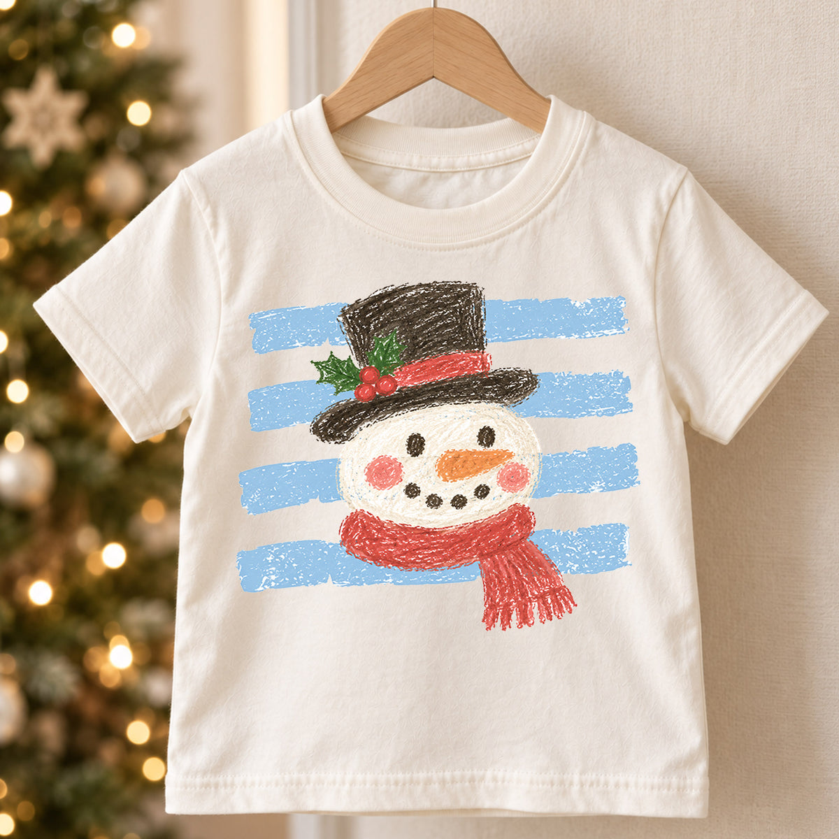Snowman Kids Christmas Shirt, Crayon Snowman Holiday T Shirt, Cute Winter Drawing Tee, Festive Xmas Gift for Children — product view 5