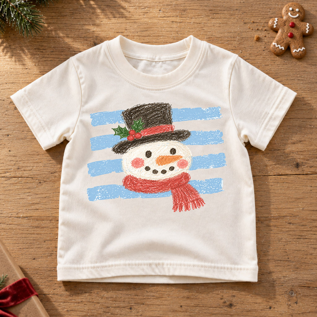 Snowman Kids Christmas Shirt, Crayon Snowman Holiday T Shirt, Cute Winter Drawing Tee, Festive Xmas Gift for Children — product view 6