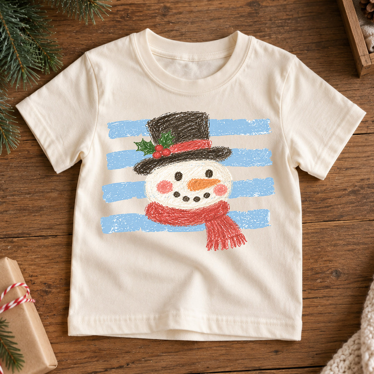 Snowman Kids Christmas Shirt, Crayon Snowman Holiday T Shirt, Cute Winter Drawing Tee, Festive Xmas Gift for Children — product view 7