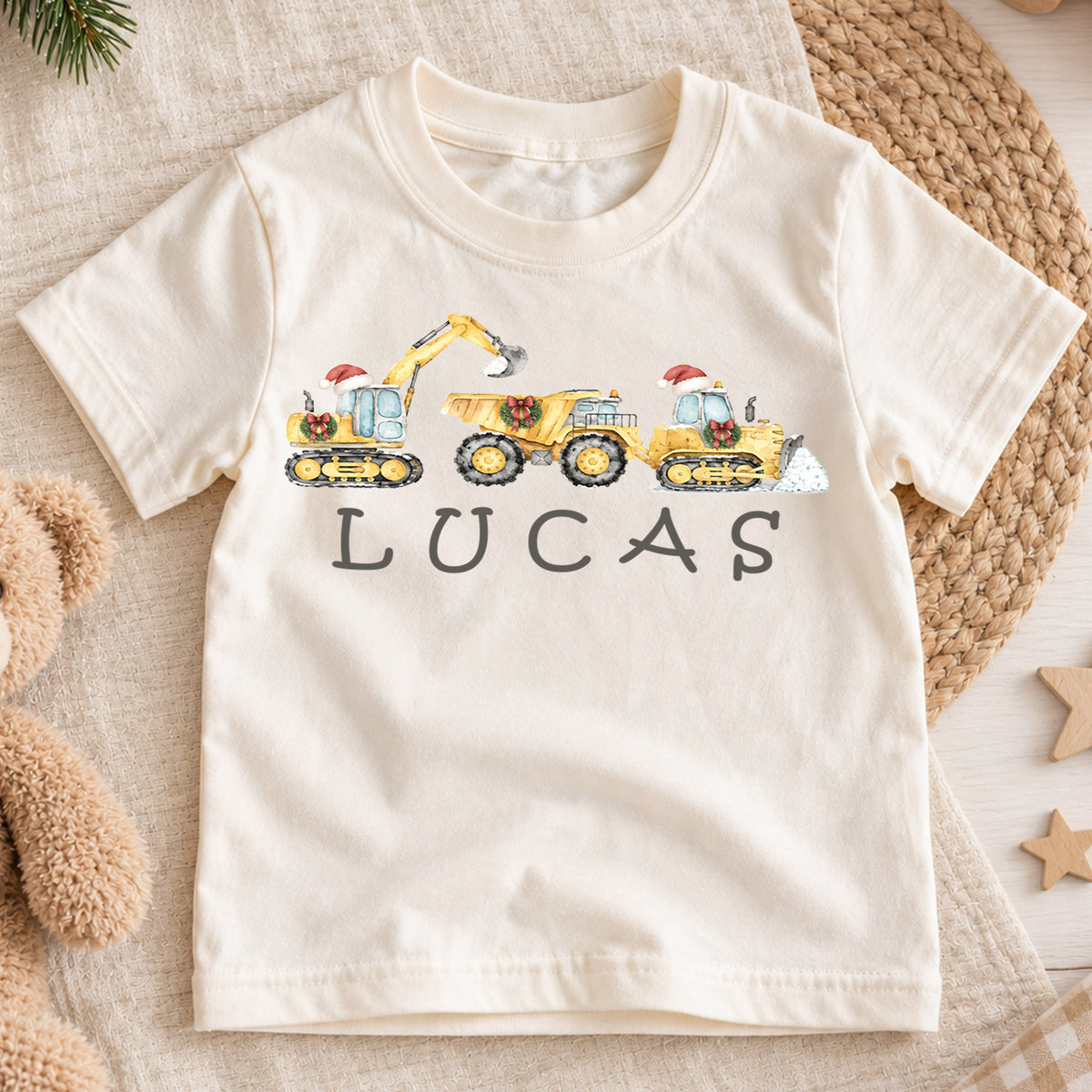 Custom Construction Christmas Kids T-Shirt, Personalized Name Digger Truck Holiday Shirt, 1st Christmas Gift, 1st Birthday Boy Outfit — product view 1
