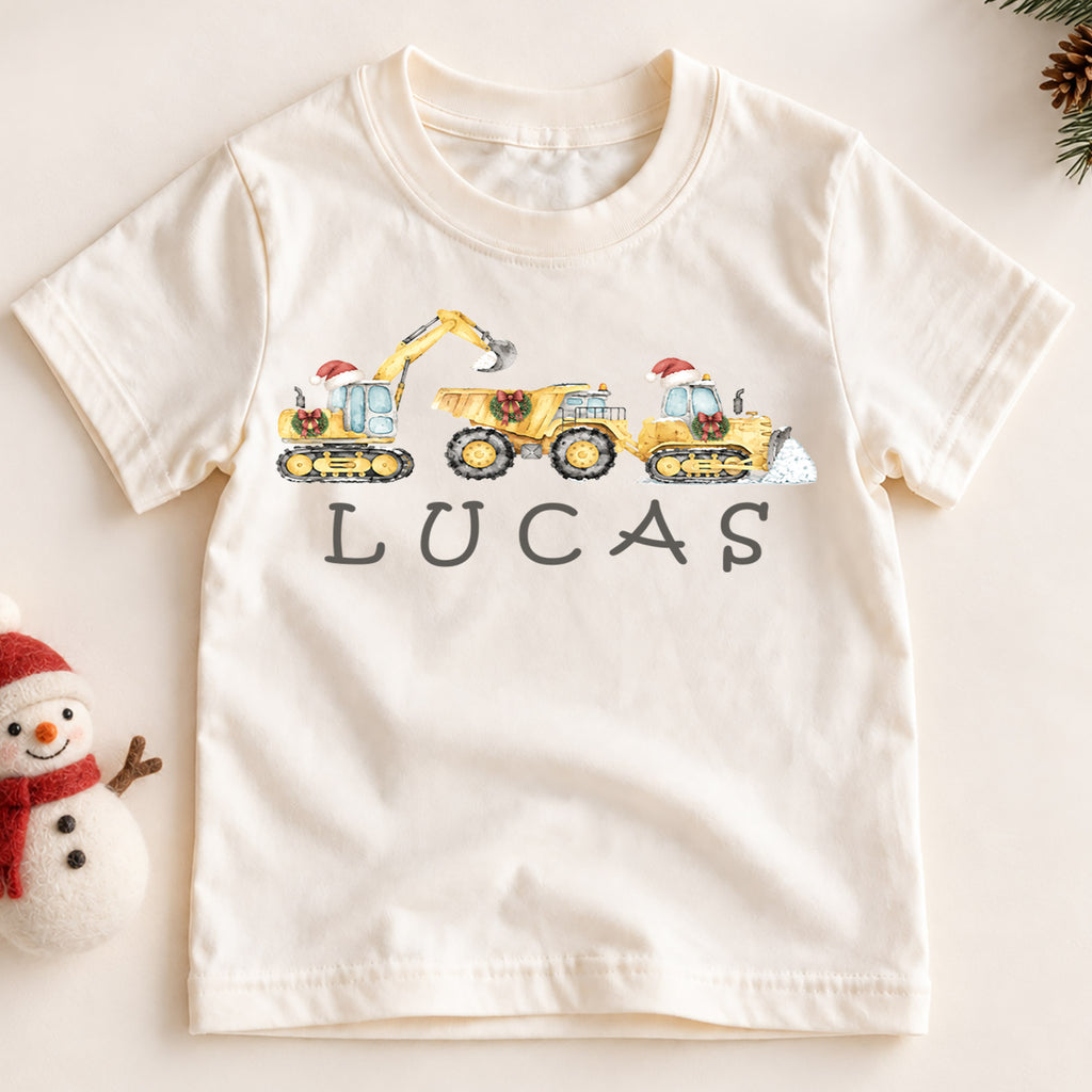 Custom Construction Christmas Kids T-Shirt, Personalized Name Digger Truck Holiday Shirt, 1st Christmas Gift, 1st Birthday Boy Outfit — product view 2