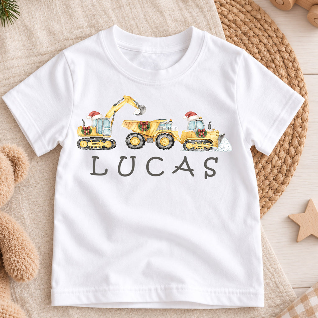 Custom Construction Christmas Kids T-Shirt, Personalized Name Digger Truck Holiday Shirt, 1st Christmas Gift, 1st Birthday Boy Outfit — product view 3