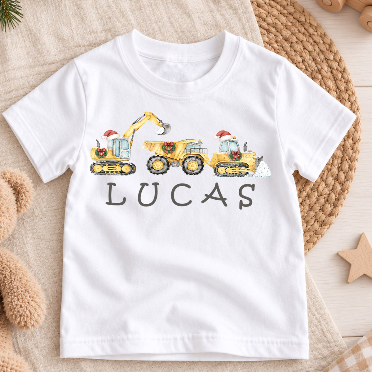 Custom Construction Christmas Kids T-Shirt, Personalized Name Digger Truck Holiday Shirt, 1st Christmas Gift, 1st Birthday Boy Outfit — product view 3