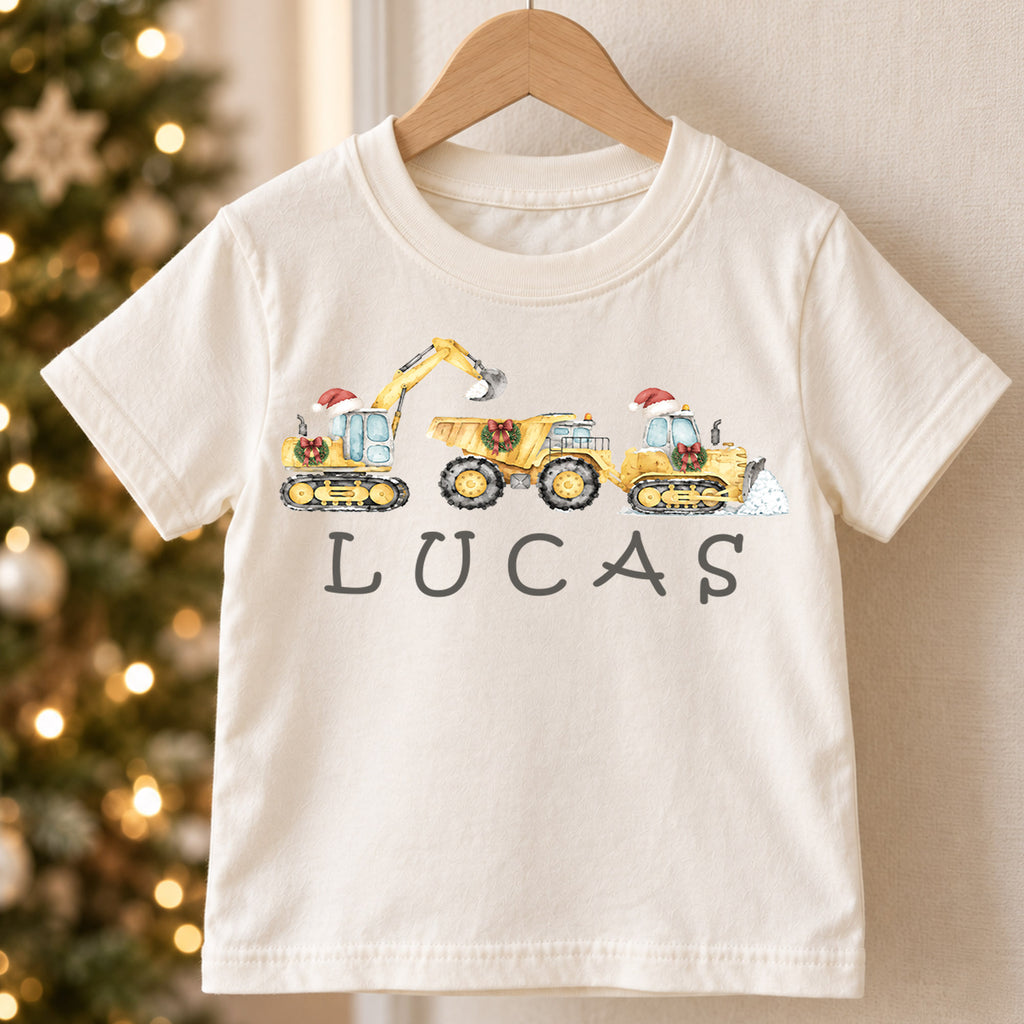 Custom Construction Christmas Kids T-Shirt, Personalized Name Digger Truck Holiday Shirt, 1st Christmas Gift, 1st Birthday Boy Outfit — product view 5