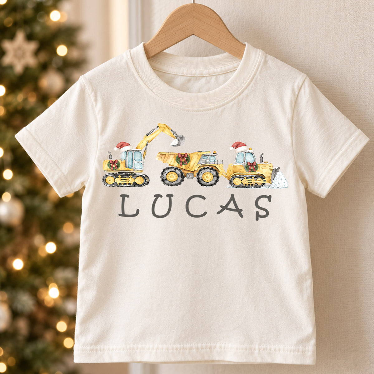 Custom Construction Christmas Kids T-Shirt, Personalized Name Digger Truck Holiday Shirt, 1st Christmas Gift, 1st Birthday Boy Outfit — product view 5